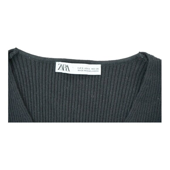 Zara Ribbed Cropped Top Tie Front Long Sleeve‎ V-Neck Raw Hem Black Size Small - Picture 4 of 4